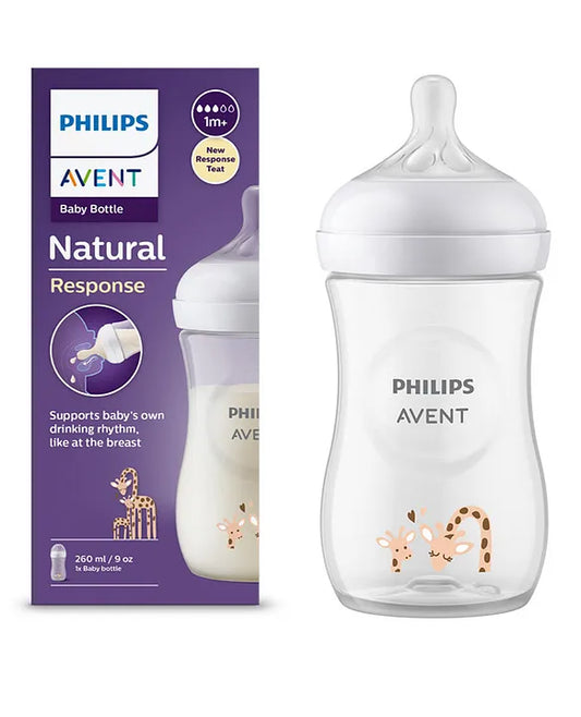 Avent Philips Natural Baby Feeding Bottle Giraffe Print No.1 Brand Recommended by Moms Worldwide | Ideal for 1 months+| Natural Response Technology Mimics Breastfeeding | Uniquely Designed Nipple releases milk only when baby drinks - 260 ml