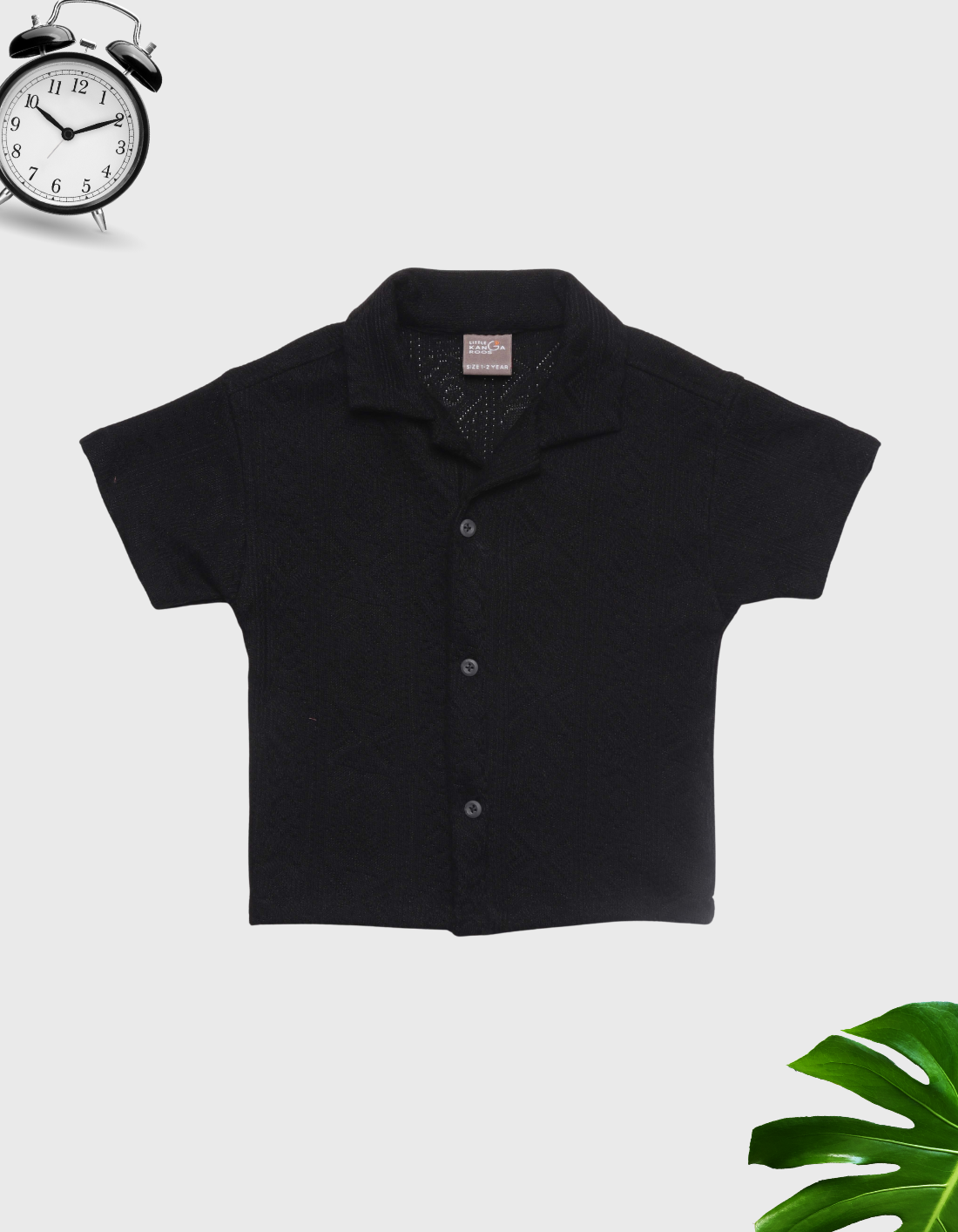 Kids Black Textured Knit Short Sleeve Camp Shirt