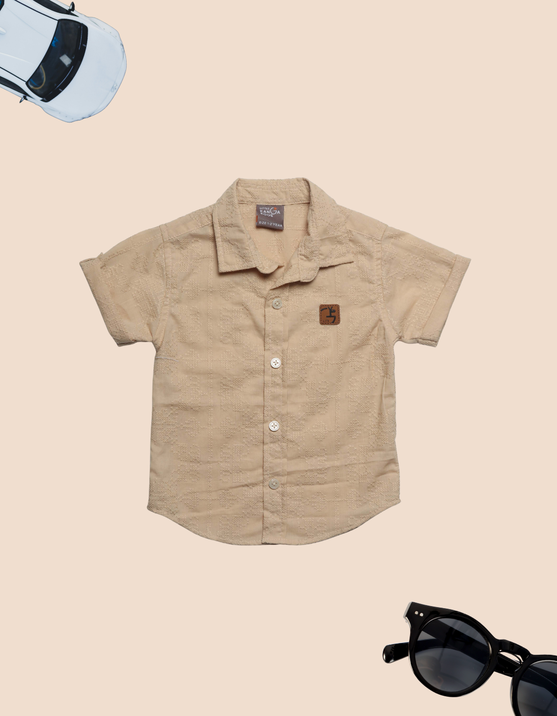 Kids Tan Textured Short Sleeve Button-Up Shirt
