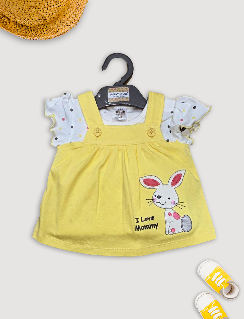 Yellow "I Love Mommy" Bunny Print Baby Dress Set | Soft Cotton Outfit