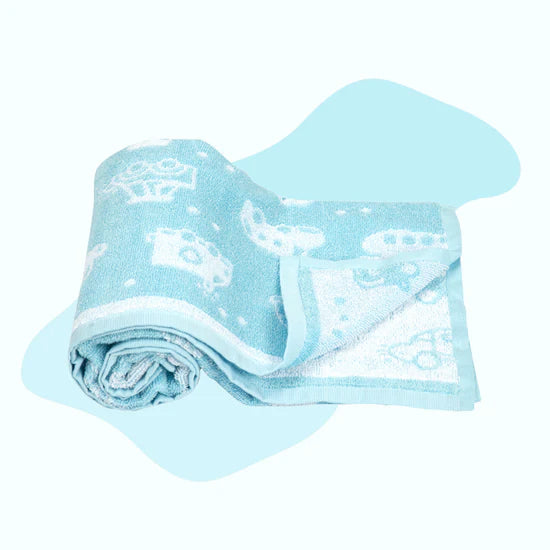 Mee Mee Soft Absorbent Bamboo Cotton Baby Towel | Reversible Baby Towel With Quick Absorb (Light Blue, Car Print)