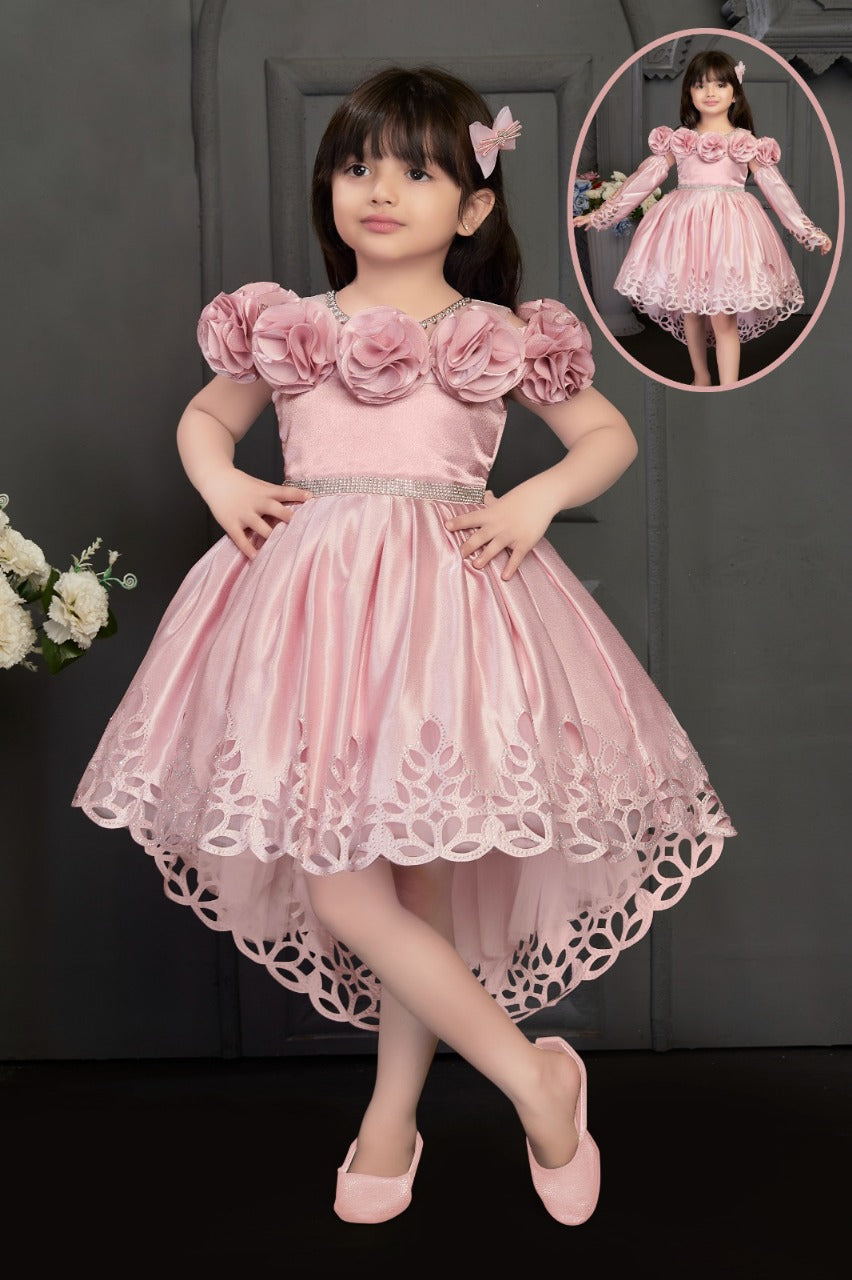 Pink Party Wear with Floral Detailing Sating Gown