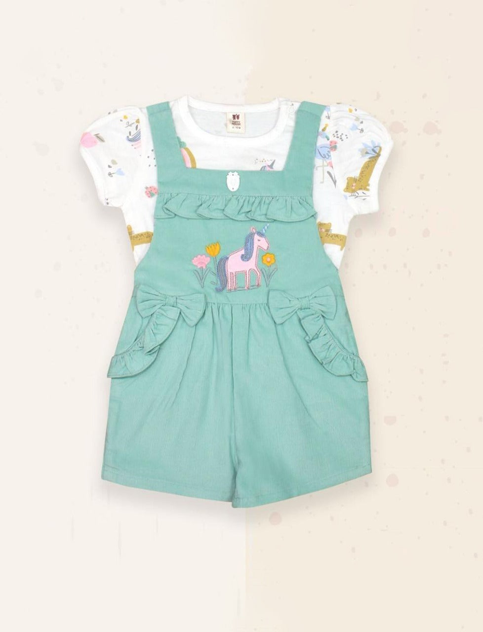 Mint Green Baby Dungaree Set | Unicorn Embroidery & Ruffled Pockets