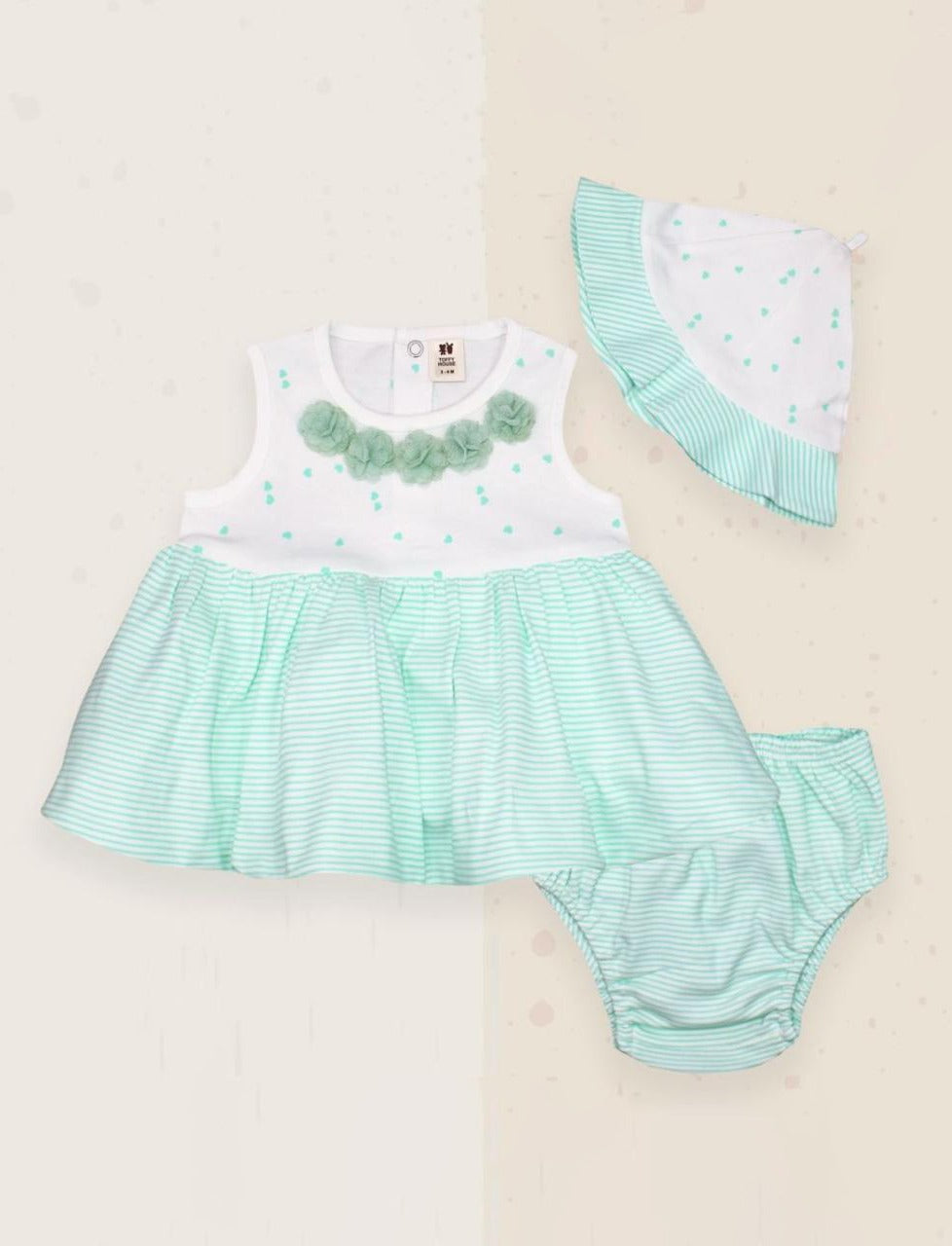 Baby Girls' Sleeveless Frock Set with Bloomer & Cap – Mint Green & White