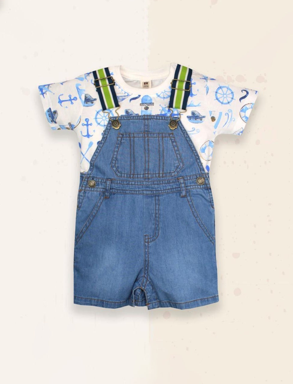 Baby Boy Denim Dungaree with Striped Suspenders and Sailor Print Tee