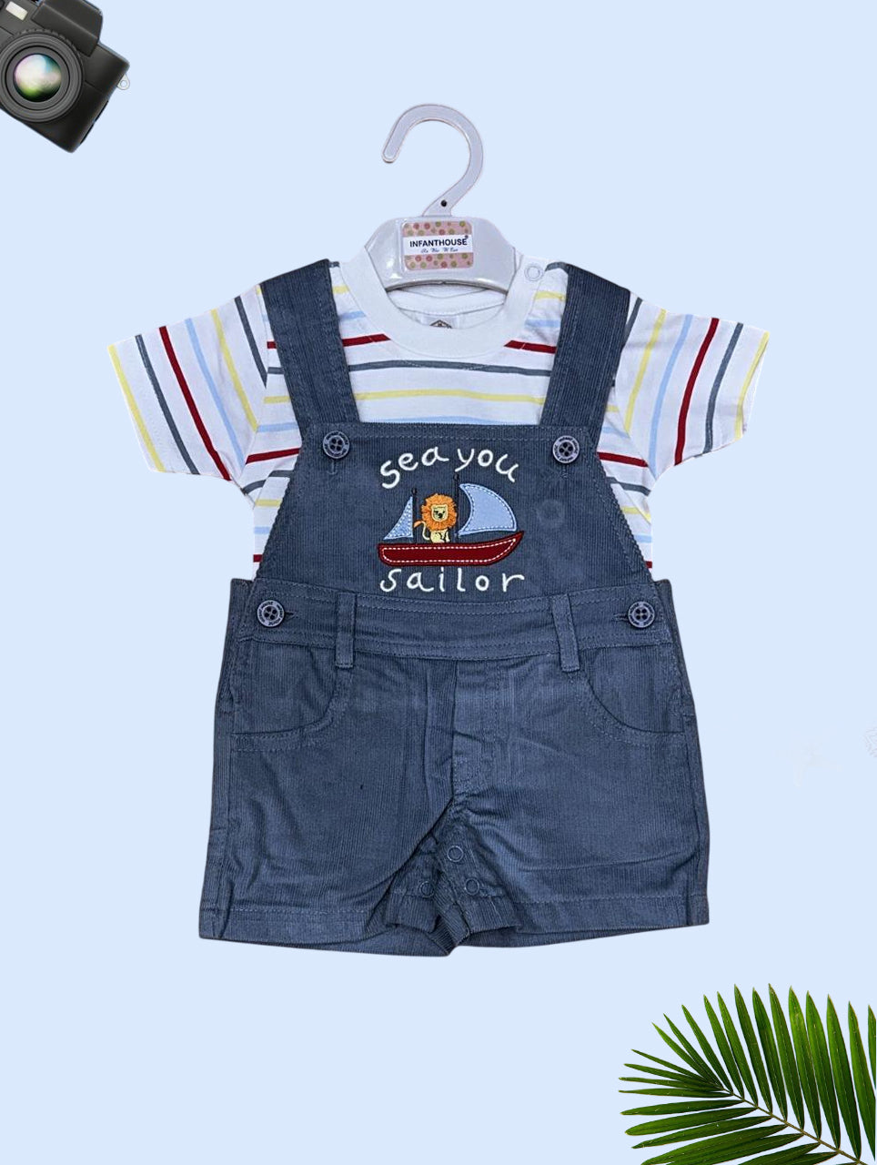 Sea You Sailor Infant Overalls Set – Striped T-shirt & Denim Shorts
