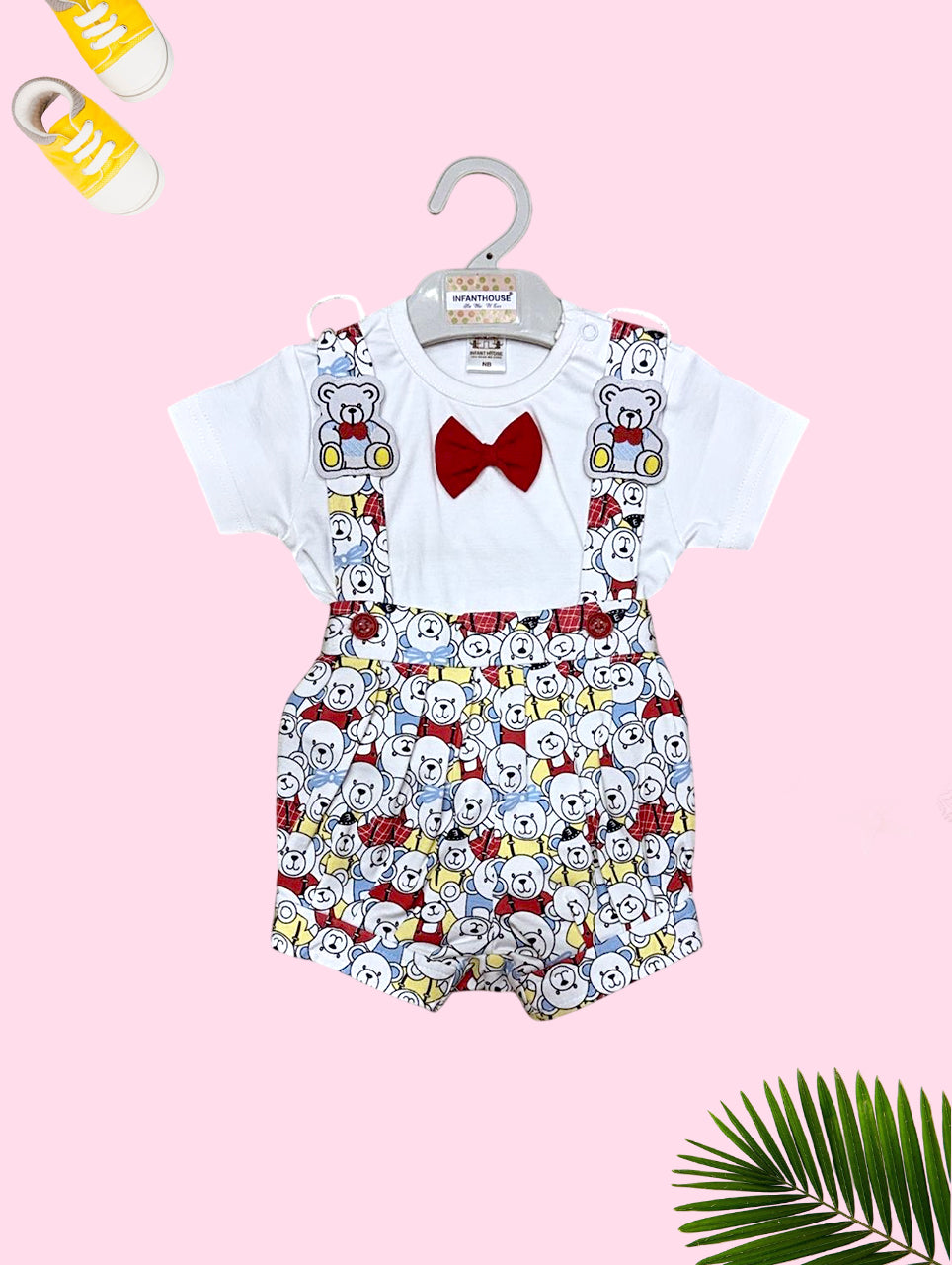 Bow Tie Teddy Print Infant Overalls Set