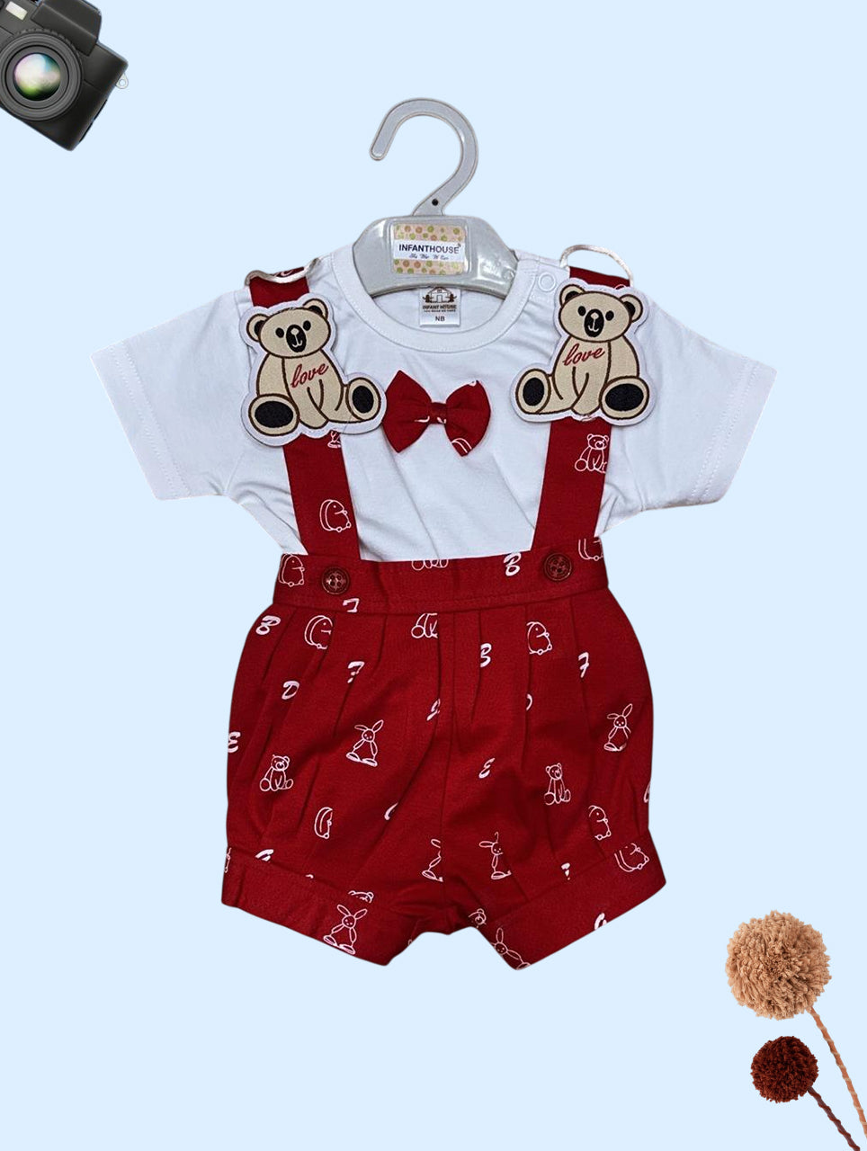 Love Bear Red Overalls Set with Bow Tie for Infants