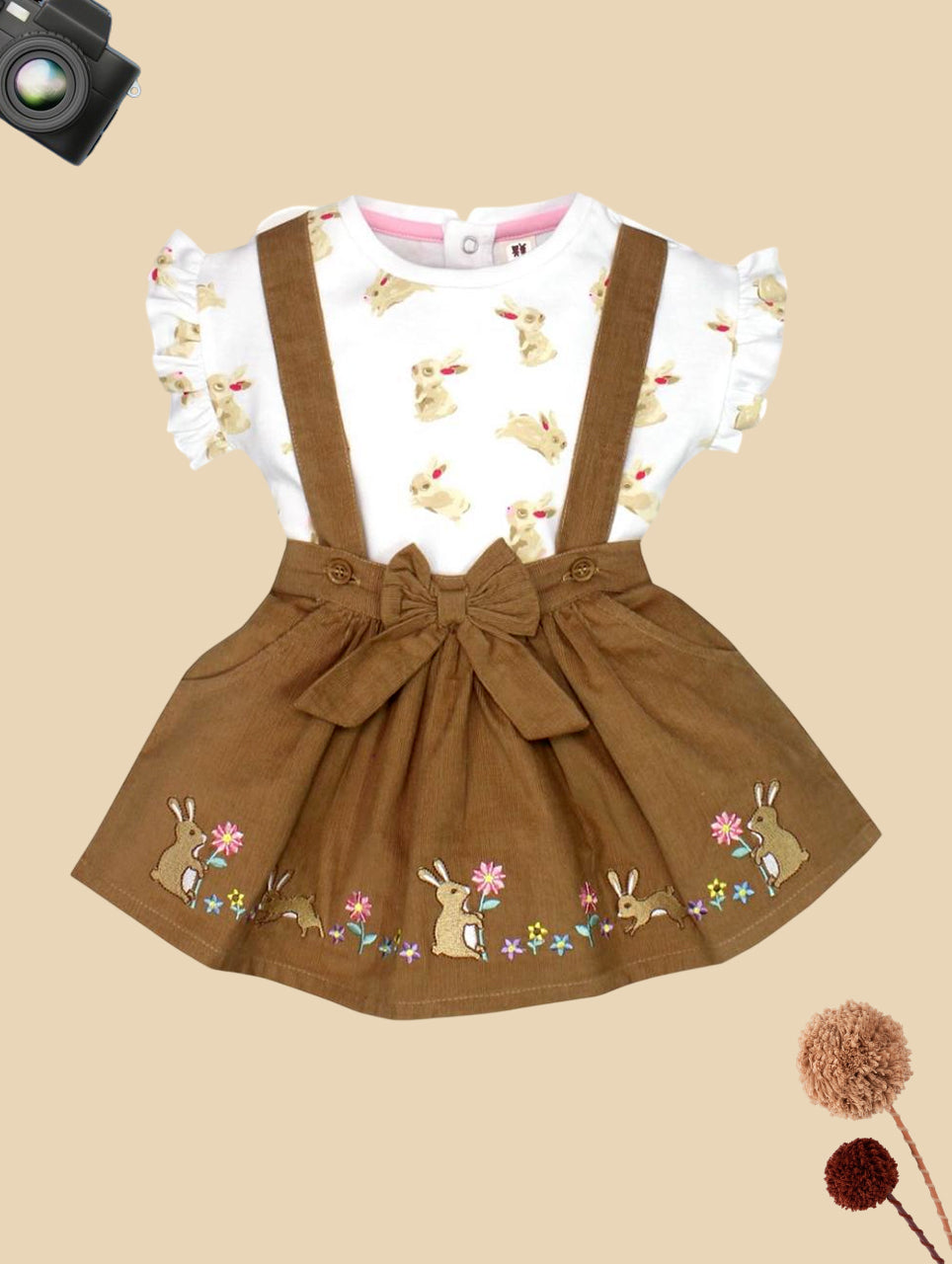 Bunny Print Top & Bow Suspender Skirt Set for Girls