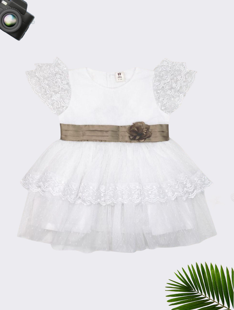 White Lace Party Dress with Satin Flower Waistband for Girls