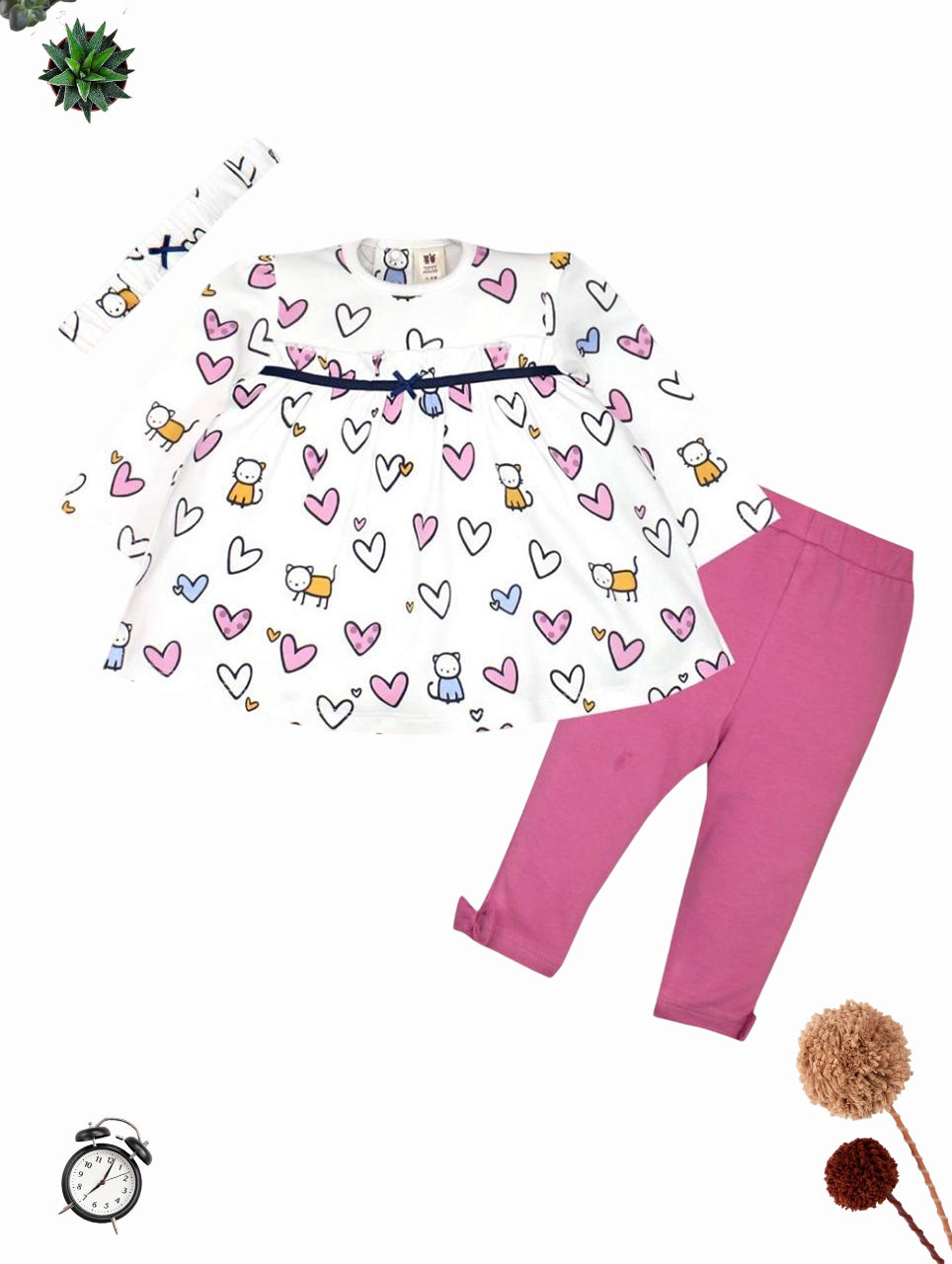 Heart Print Tunic & Leggings Set with Headband for Babies