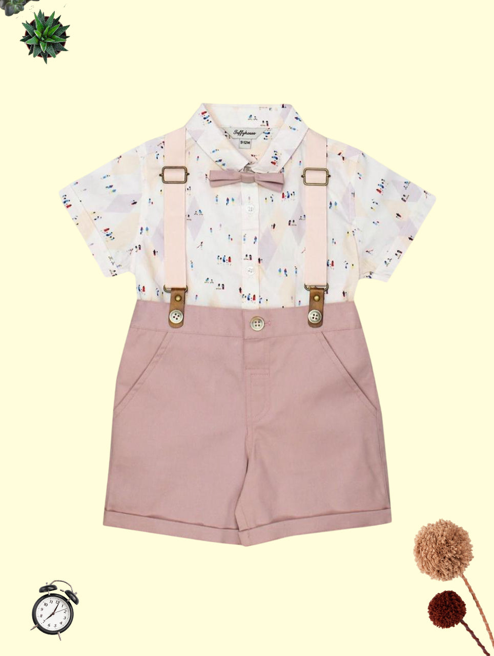 Pastel Pink Suspender Shorts Set with Bow Tie for Kids