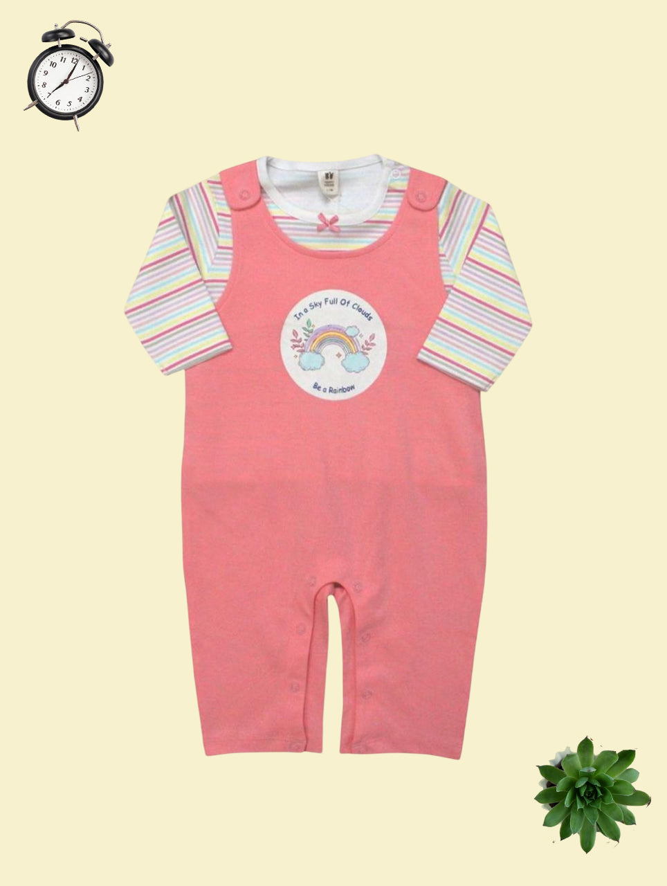 Rainbow Print Pink Romper Set with Striped Sleeves for Babies