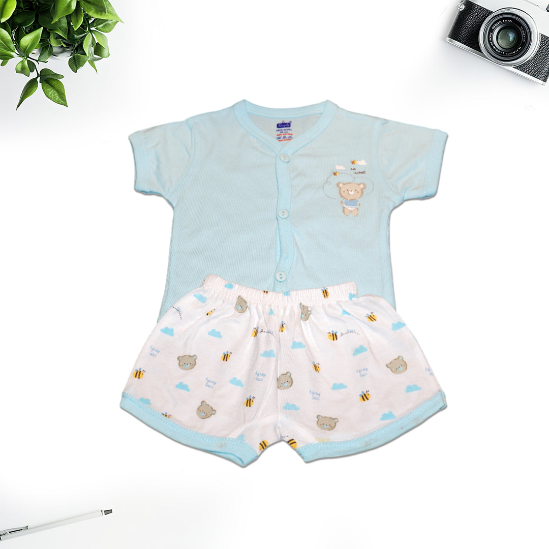 Sky Blue Bear Print Shirt & White Printed Shorts