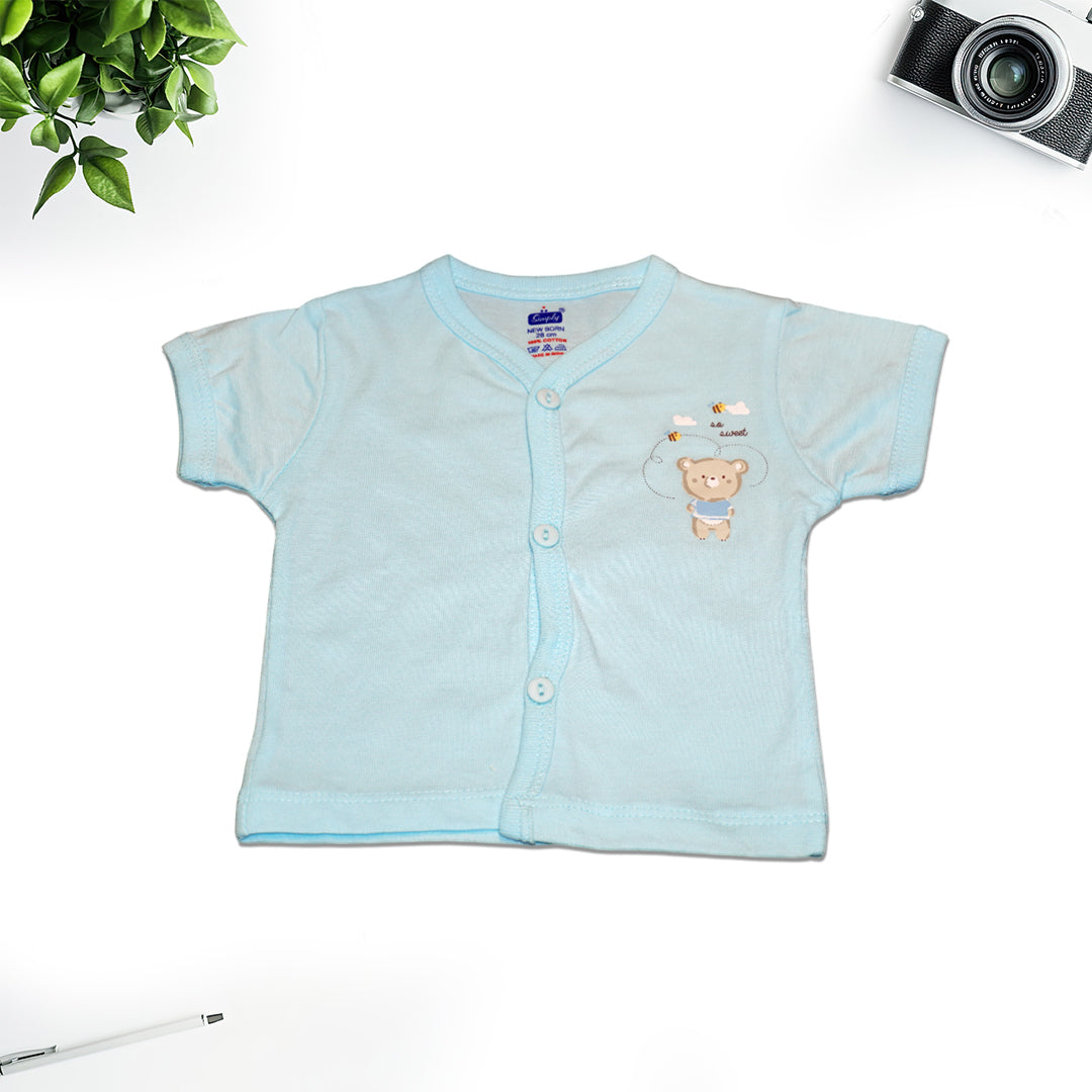 Sky Blue Bear Print Shirt & White Printed Shorts