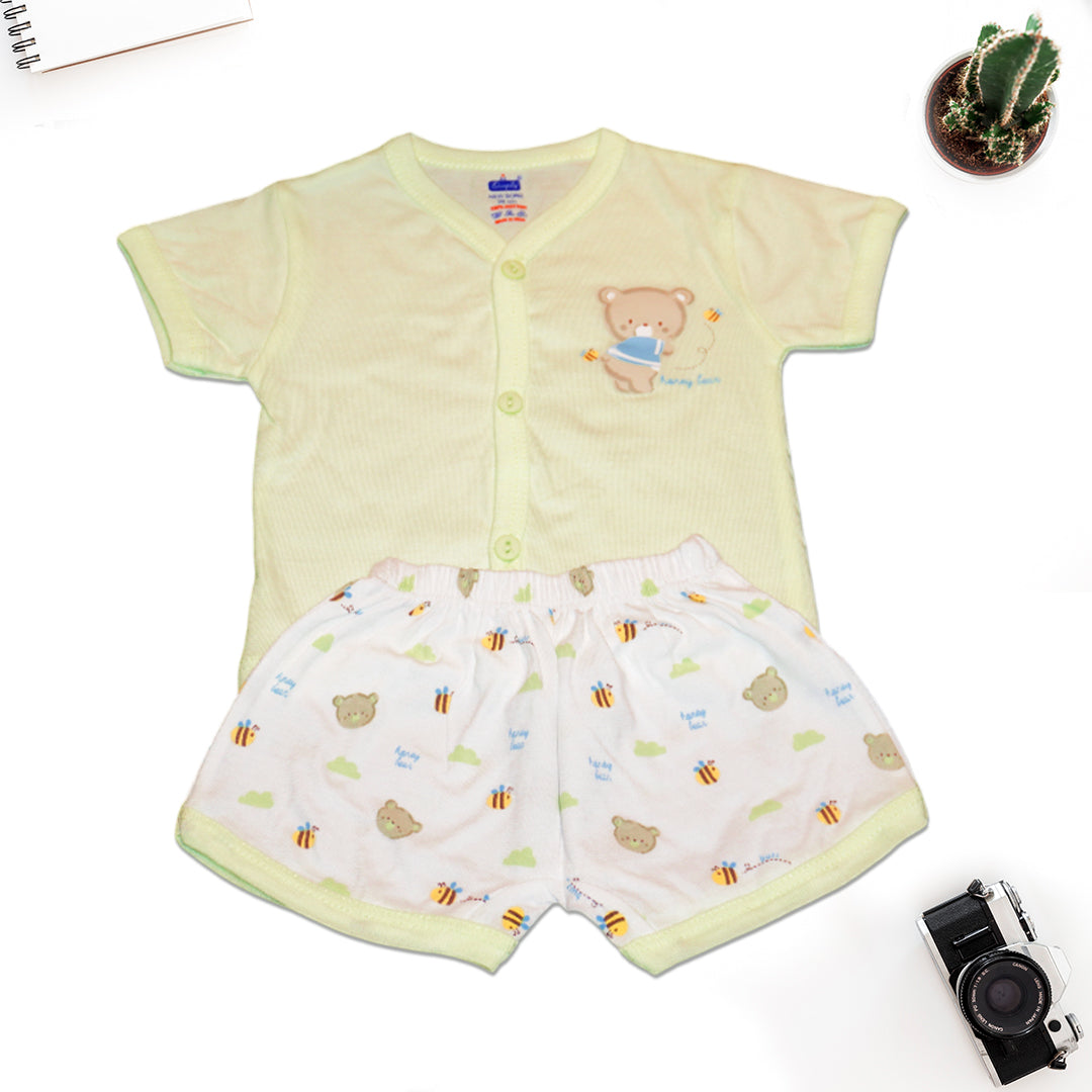 Baby Boys' Cotton Outfit Set – Bear Print Shirt & White Shorts