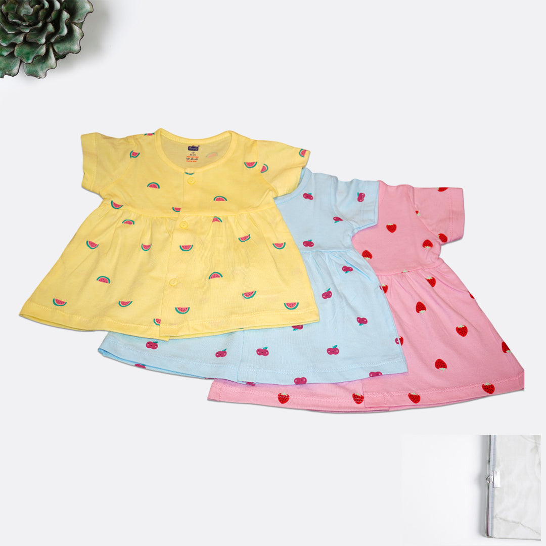 Baby Girl Frock Set – Pack of 3 | Front Open | Fruity Print | Cotton