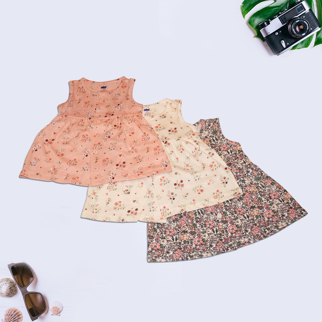 Floral Baby Frock Set – Pack of 3 | Soft Cotton | Sleeveless | Elegant Prints