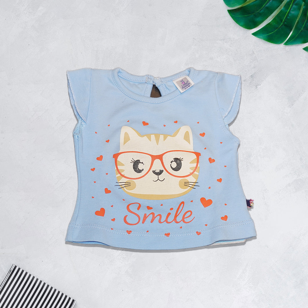 Blue Cartoon Printed T-Shirt and Red Shorts Set