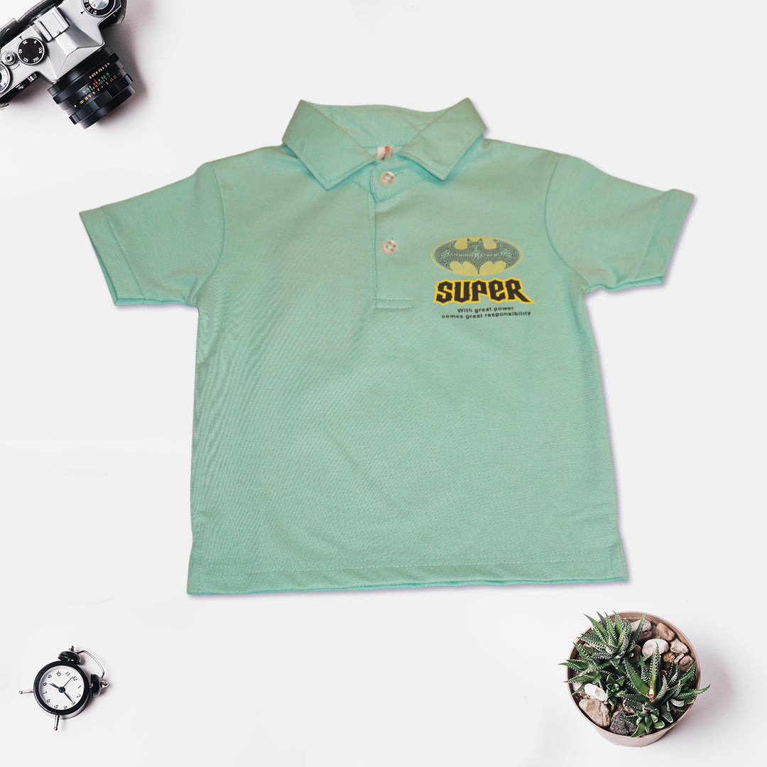 Kids Sea Green Collar T-Shirt with Denim Shorts