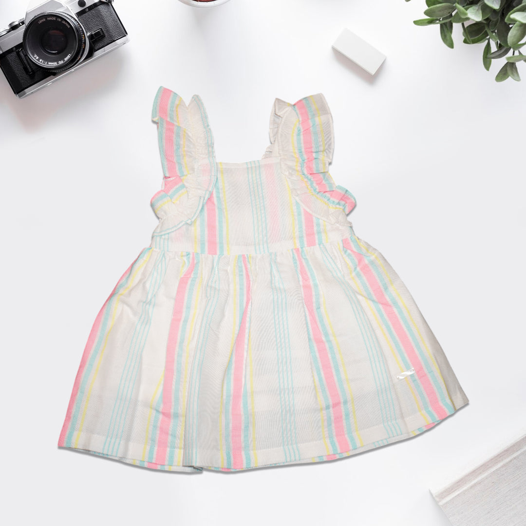 Girls' Pastel Rainbow Stripe Cotton Dress with Ruffle Sleeves – 100% Cotton