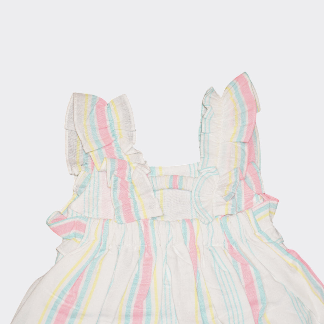Girls' Pastel Rainbow Stripe Cotton Dress with Ruffle Sleeves – 100% Cotton