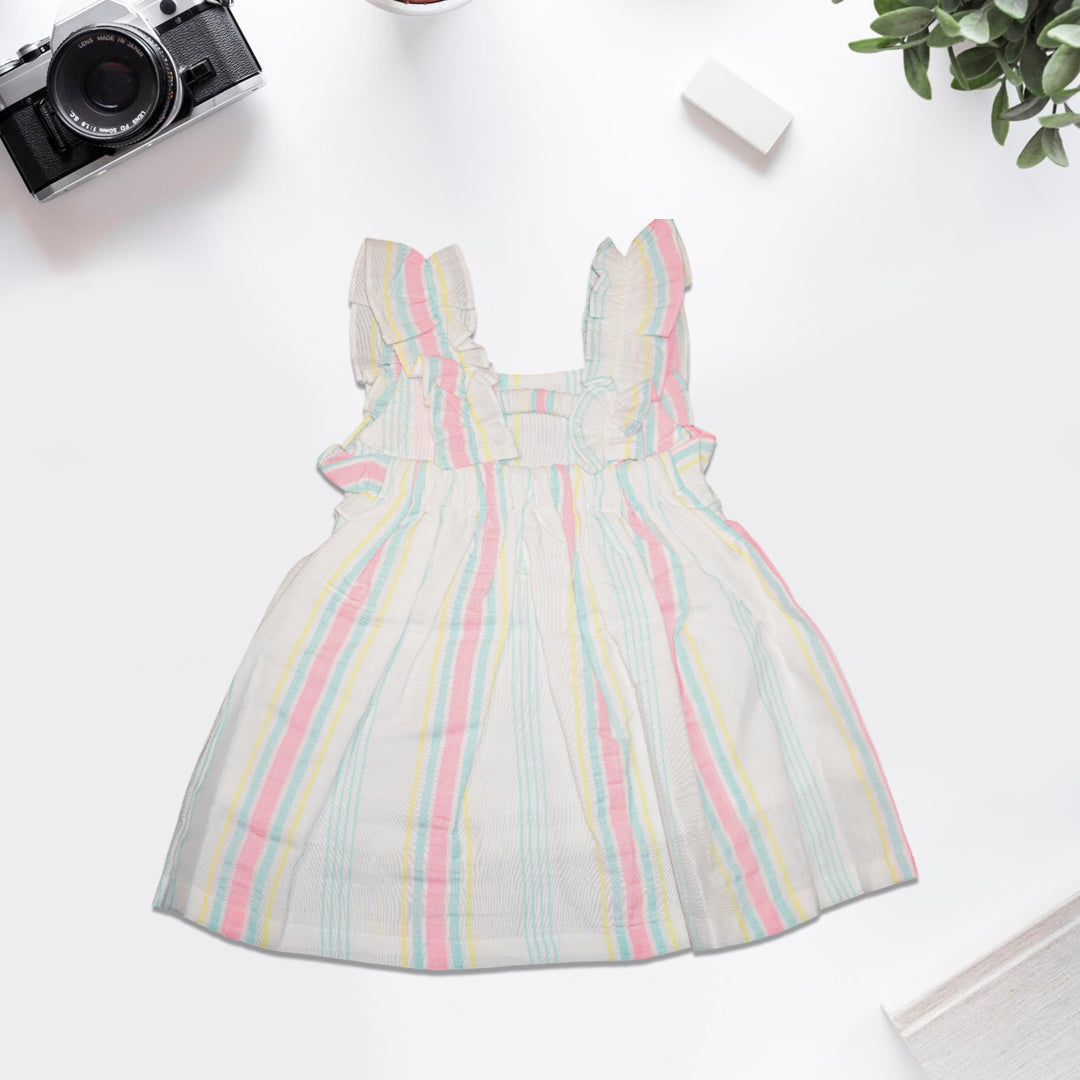 Girls' Pastel Rainbow Stripe Cotton Dress with Ruffle Sleeves – 100% Cotton