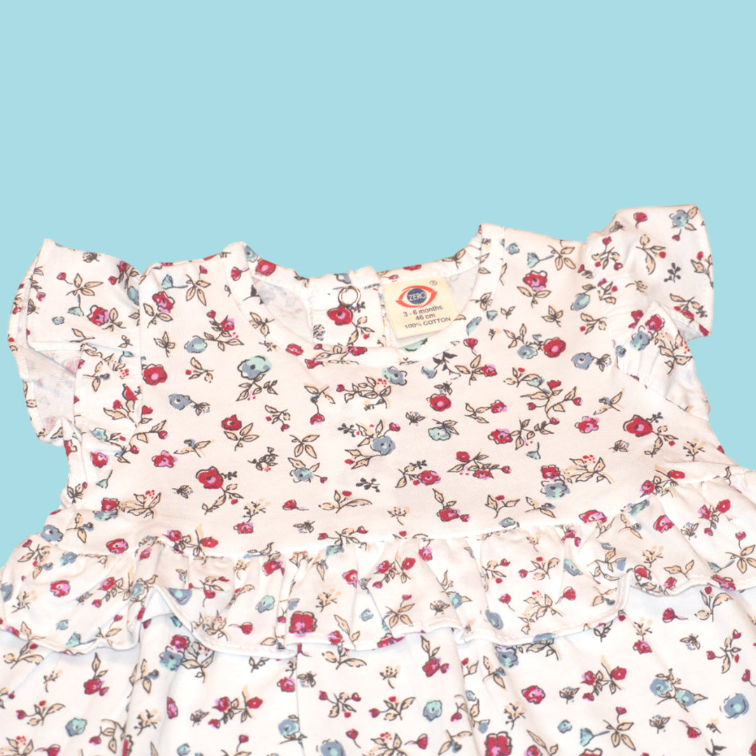 Baby Girls’ Soft Cotton Dress – Dainty Floral Print with Ruffle Sleeves