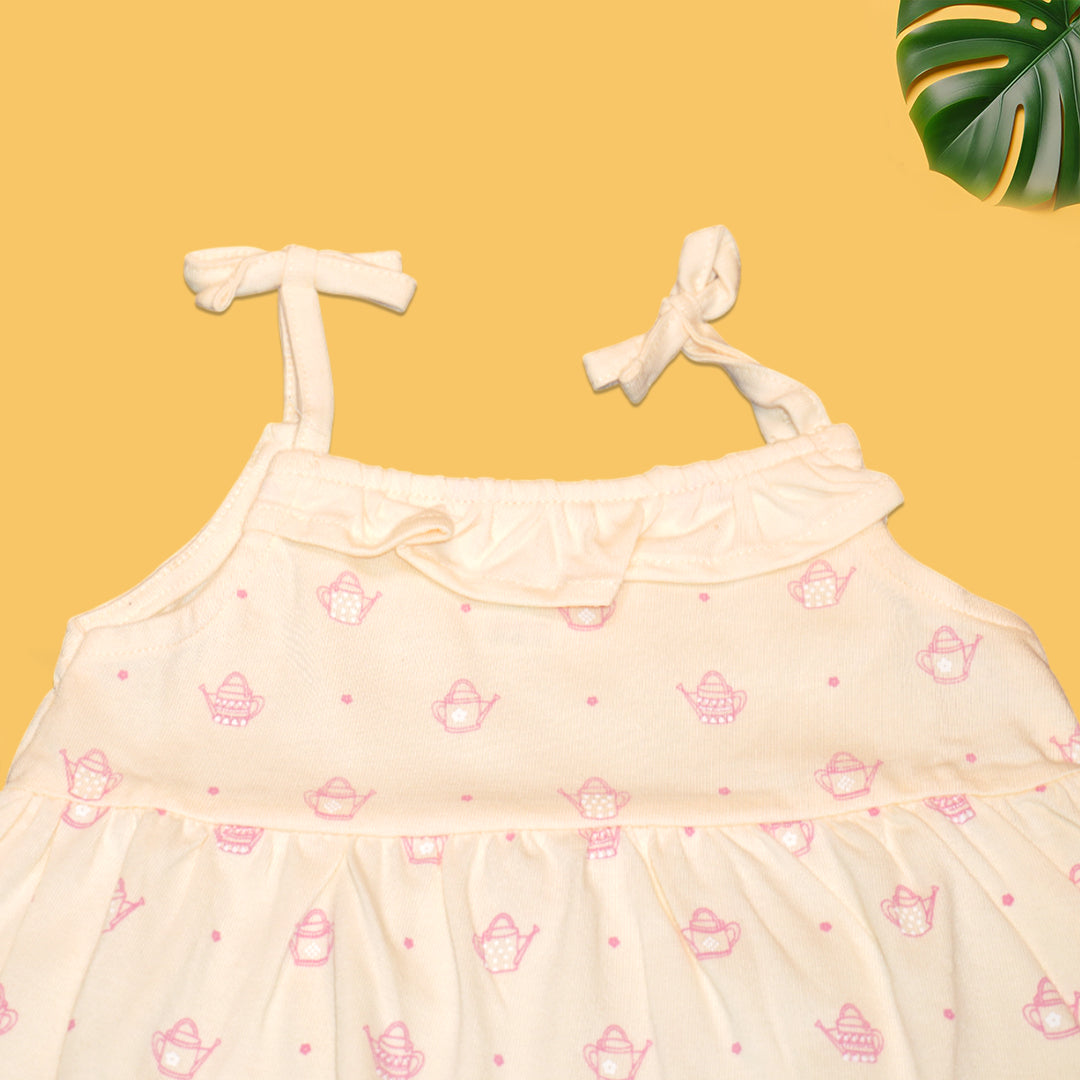 Baby Girls’ Sleeveless Cotton Dress – Cream with Pink Basket Print & Bow Straps