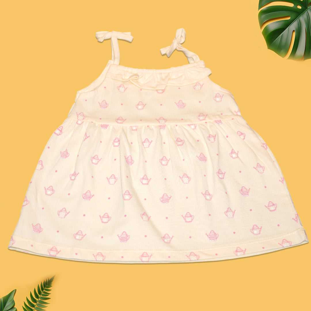 Baby Girls’ Sleeveless Cotton Dress – Cream with Pink Basket Print & Bow Straps
