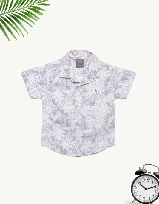 Kids Gray/White Tropical Leaf Print Camp Shirt