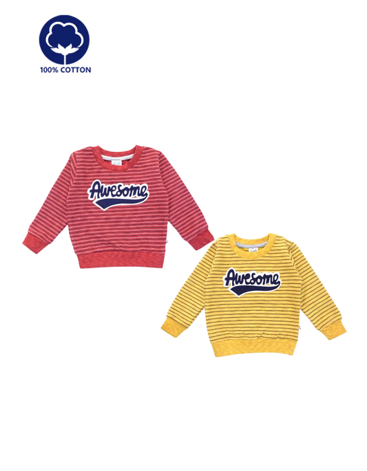 Comfort Fit Cotton Fleece Striped Tee for Boys- Single Piece
