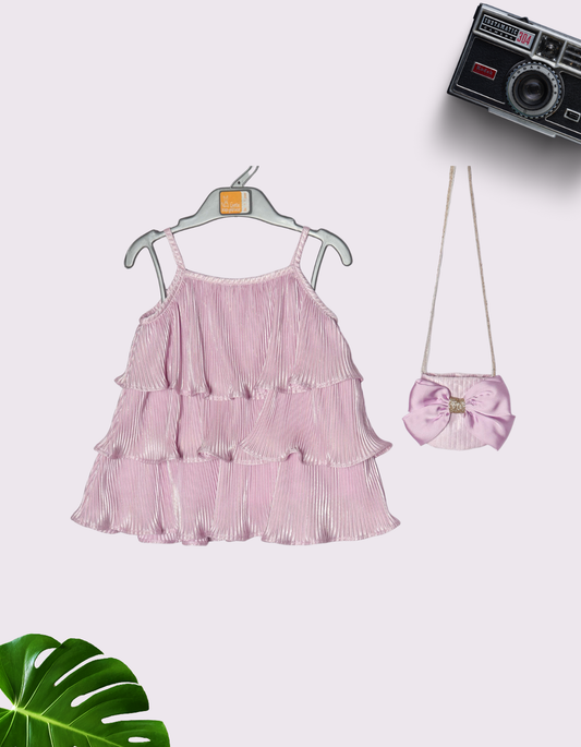 Girls Shimmer Pink Pleated Tiered Top and Purse Set