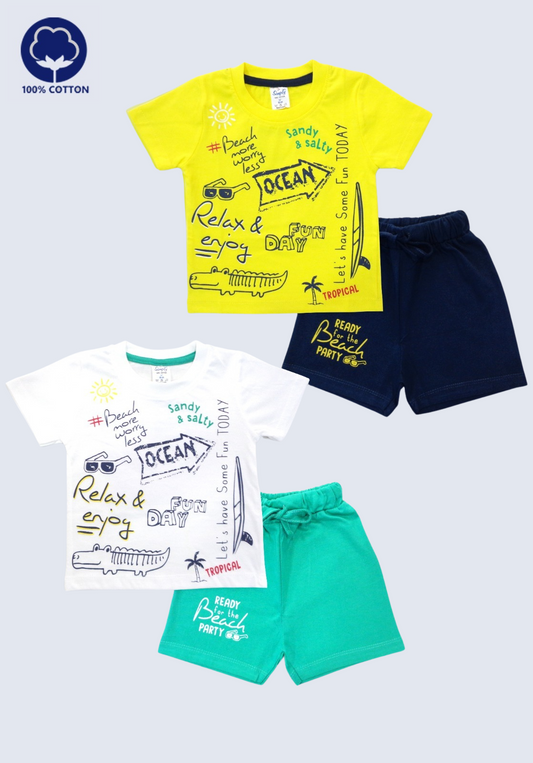 Sinker knit half-sleeve T-shirt and shorts set featuring a 'Funday' text print