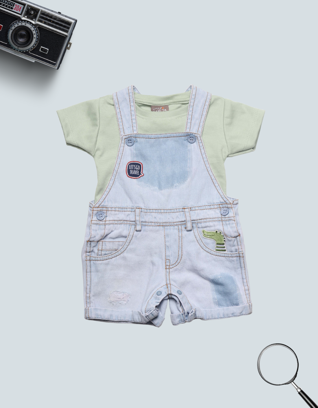 Baby Light Wash Denim Shortall Romper and Tee Outfit
