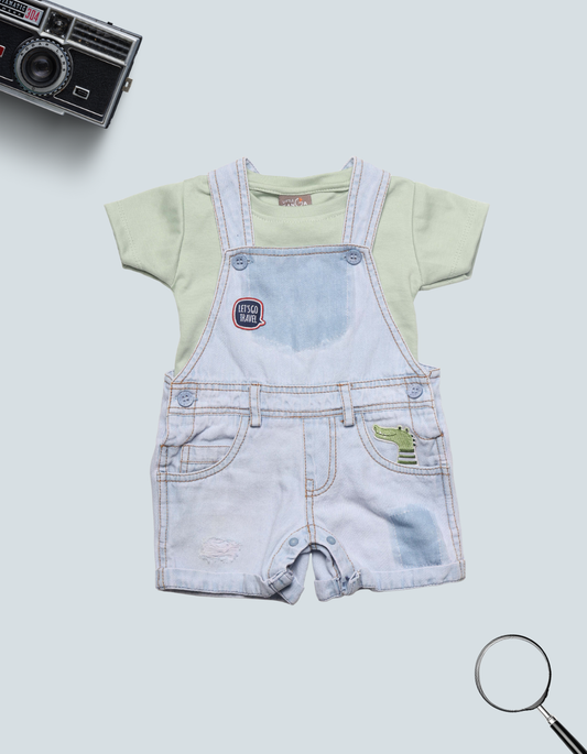 Baby Light Wash Denim Shortall Romper and Tee Outfit