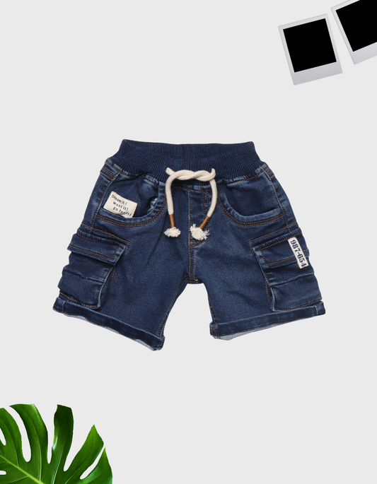 Kids Dark Wash Denim Cargo Shorts with Ribbed Waist