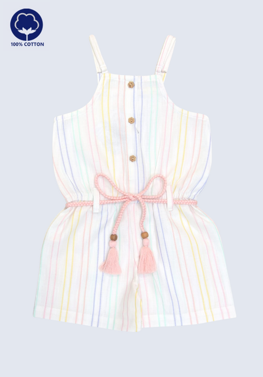 Girls' 100% Cotton Pastel Stripe Playsuit with Tassel Belt – Sleeveless Summer Romper