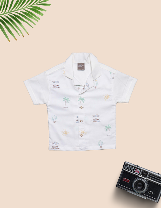 Kids White Embroidered Tropical Print Camp Shirt