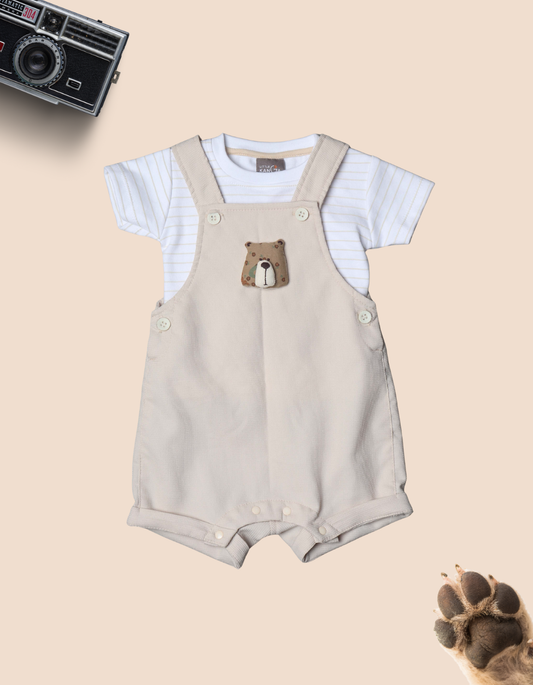 Baby Neutral Bear Applique Short Overalls and Striped T-Shirt Set