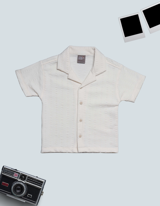 Kids Cream Textured Knit Short Sleeve Camp Shirt