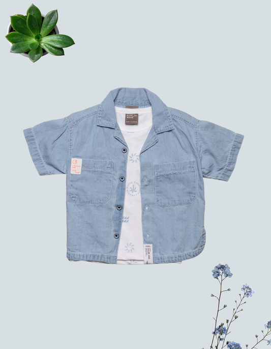 Kids Light Denim Look Open Shirt and Patterned T-Shirt Set