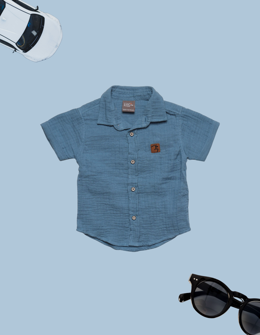 Kids Dusty Blue Muslin/Gauze Short Sleeve Shirt