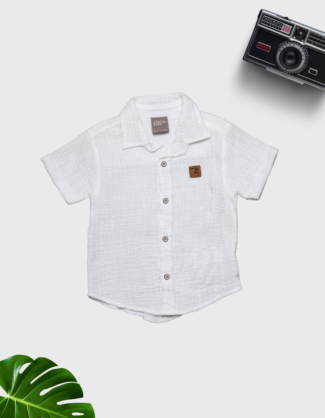 Kids White Cotton Muslin/Gauze Short Sleeve Shirt