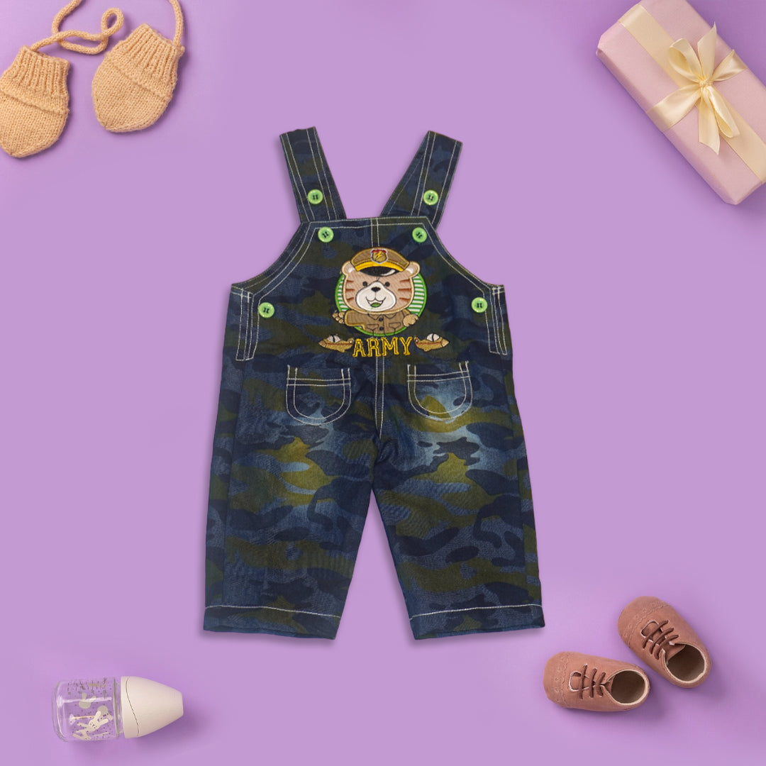 Full Sleeves Teddy Printed Tee With Embroidered Denim Dungaree (Green)