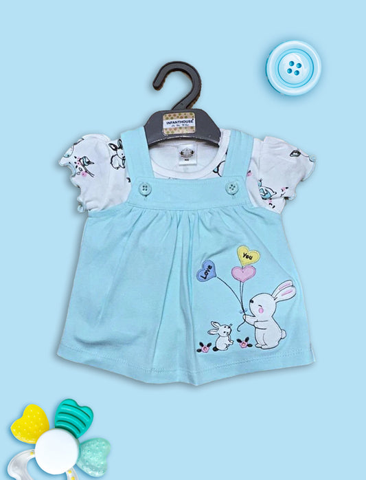 Sky Blue Bunny Print Baby Dress Set | Cute Cotton Jumper Outfit