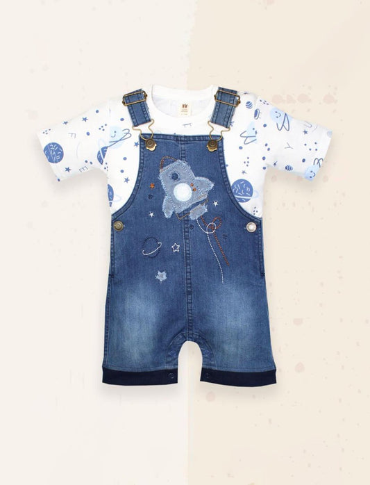 Denim Delight: Classic Blue Overall Set with Striped Straps