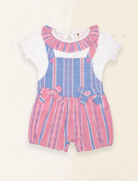 Pink & Blue Striped Baby Romper Set | Cotton Overalls with Ruffled Collar