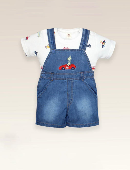 Casual Denim Dungaree Set with Car Print Tee