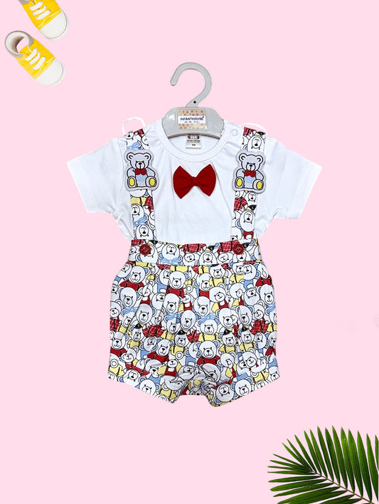 Bow Tie Teddy Print Infant Overalls Set